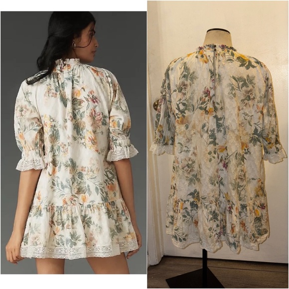 ANTHRO Pilcro 2-Pocket Mock Neck Cream Multi Floral Ruffle Hem Mini-Dress VGUC L - Picture 2 of 16